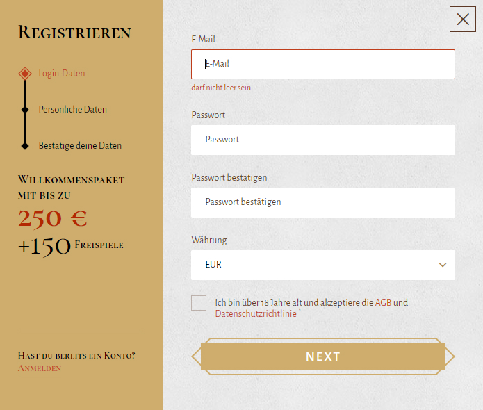 Avalon78 Casino Registrierungsschritte